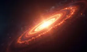 Ilustração de um quasar brilhante no universo distante.