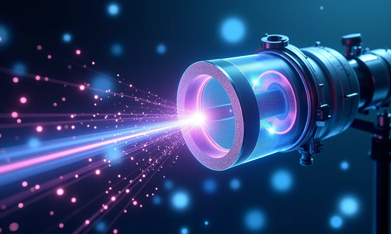 Imagem de um detector de partículas complexo, representando a dificuldade em detectar o Bóson de Higgs.