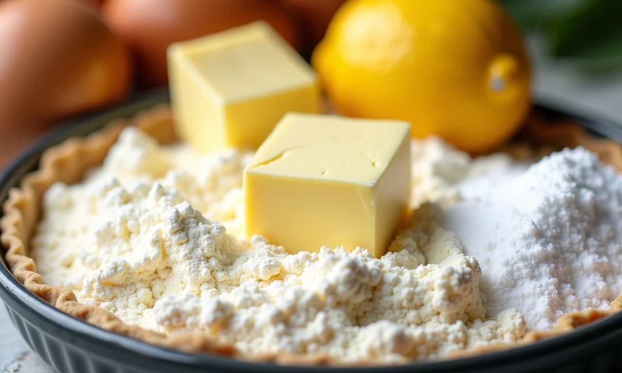 Ingredientes frescos para a massa da torta de limão dispostos artisticamente.