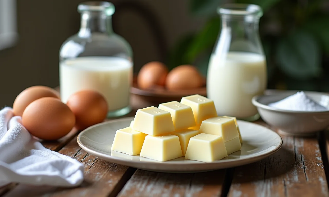 Ingredientes frescos para preparar um delicioso pudim de chocolate branco.