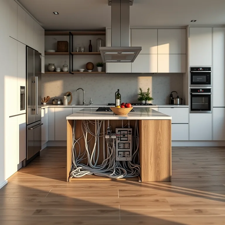 Instalações elétricas e hidráulicas mal planejadas em cozinha com ilha