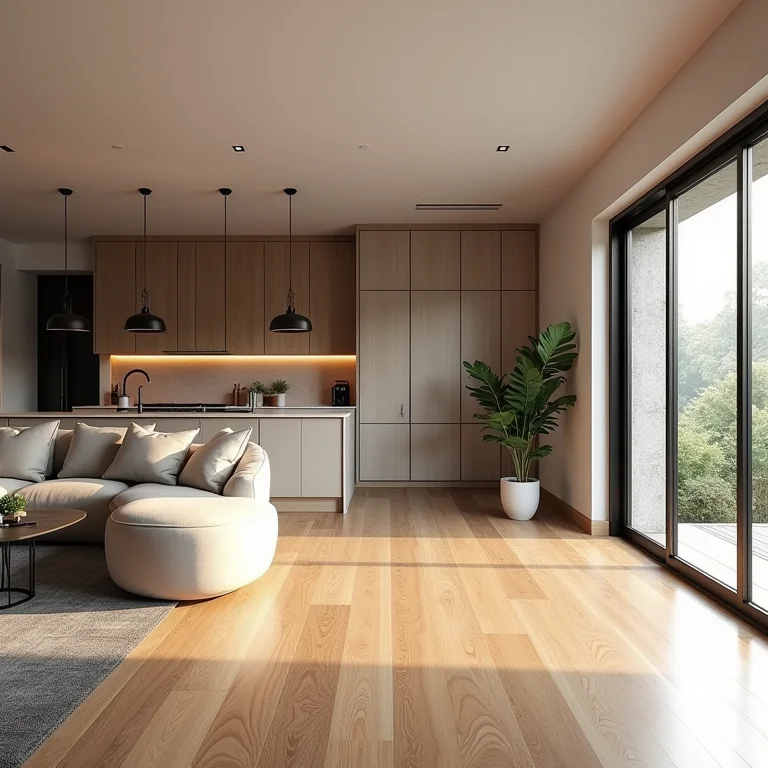 Integração de cozinha e sala de estar com porta de correr, criando ambientes flexíveis