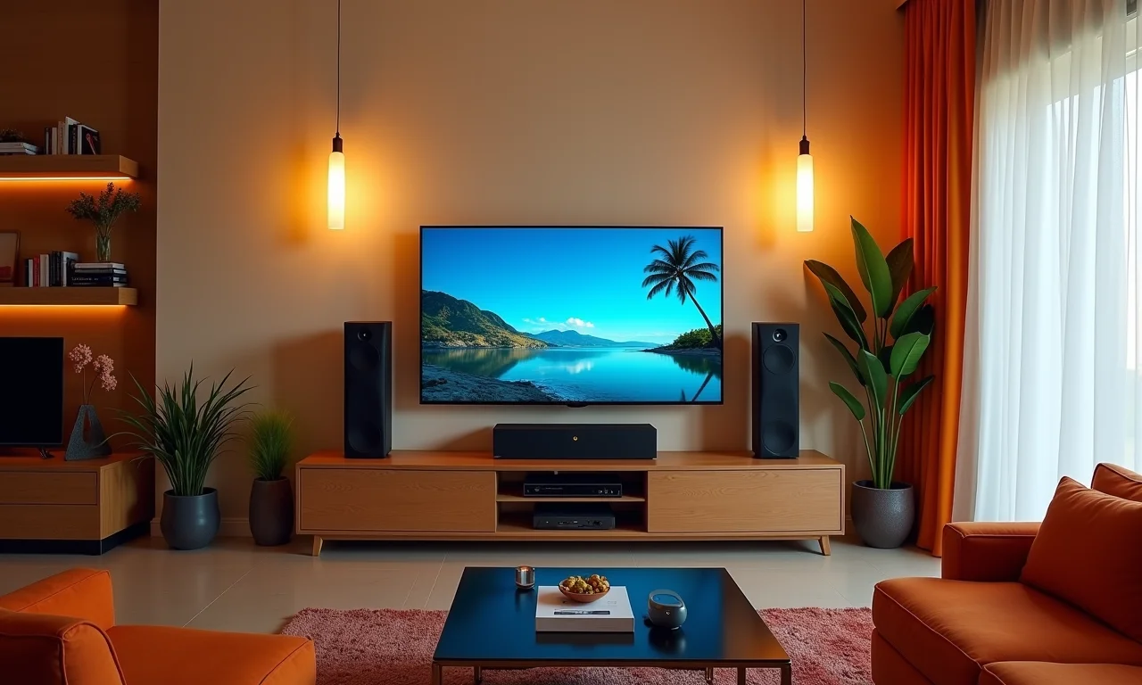 Integração de dispositivos em casa inteligente: TV, som, luzes e segurança.