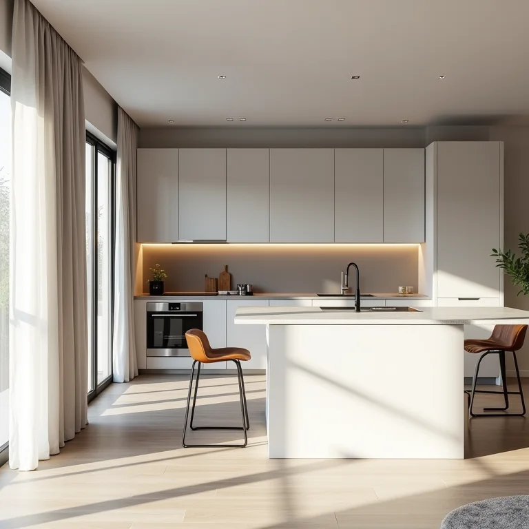 Integração inteligente de cozinha e sala em um apartamento studio.