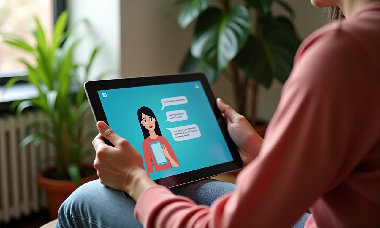 Interface de chatbot com IA em tablet, mostrando assistente virtual amigável.