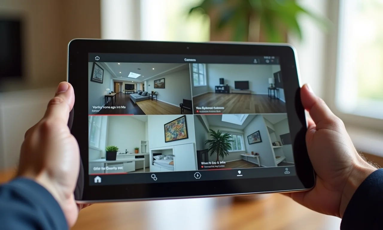 Interface de sistema de segurança residencial inteligente em um tablet.