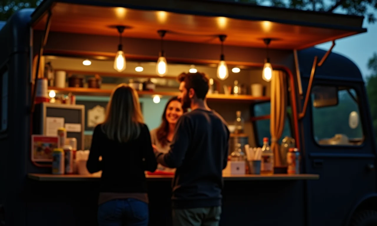 Interior de food truck com iluminação aconchegante, criando um ambiente convidativo.