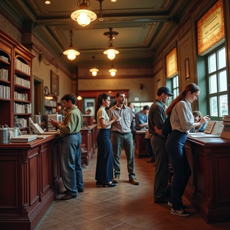 Interior de uma agência postal vitoriana com entrega de telegramas.