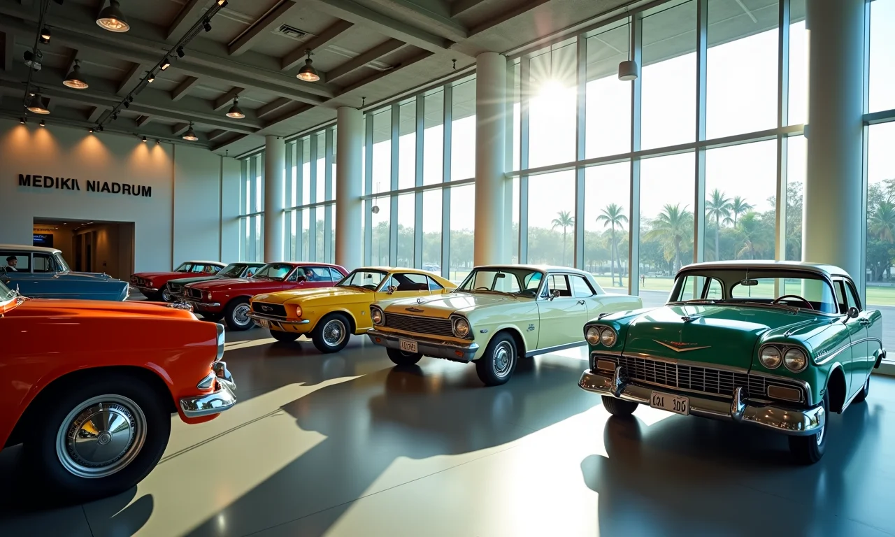 Interior do Museu do Automóvel de Brasília com carros que marcaram a história nacional.