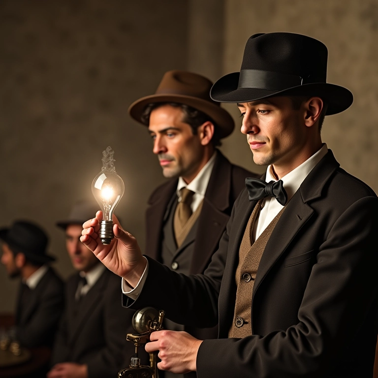 Inventor demonstrando o telégrafo no século XIX.