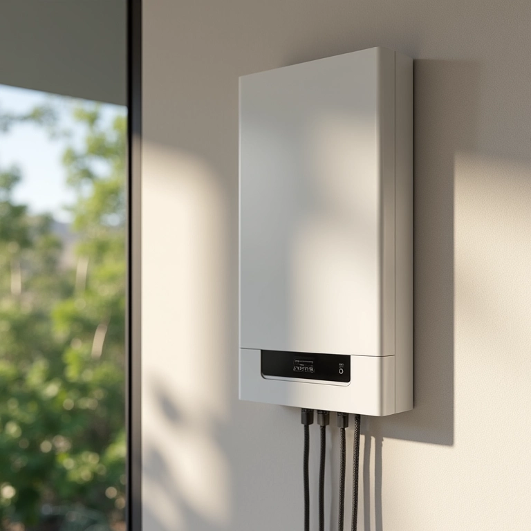 Inversor solar instalado em parede de casa brasileira, convertendo a energia dos painéis.