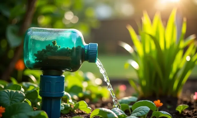 Irrigação por gotejamento caseira feita com garrafas PET em um jardim exuberante.