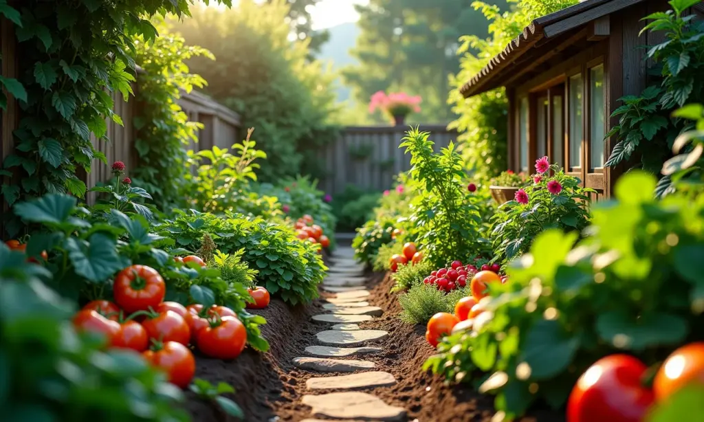 Jardim comestível exuberante com diversas plantas e flores coloridas.