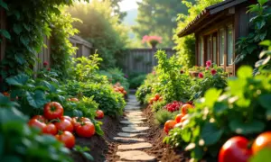 Una o Útil ao Agradável Com o Paisagismo Comestível Jardim comestível exuberante com diversas plantas e flores coloridas.