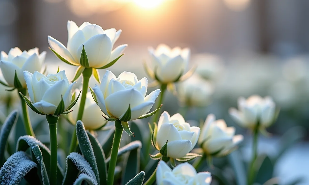 Jardim de inverno com rosas brancas e flores resistentes ao frio.