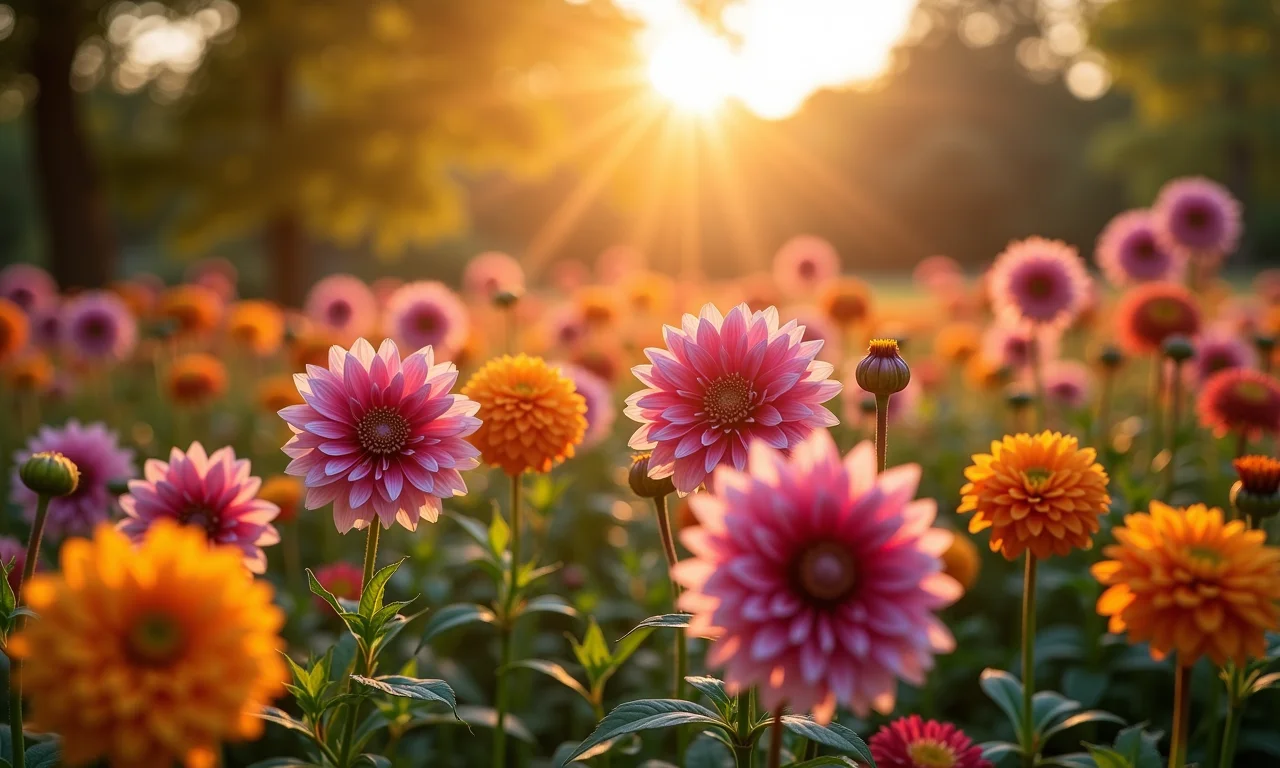 Jardim de outono com tons quentes e flores delicadas.