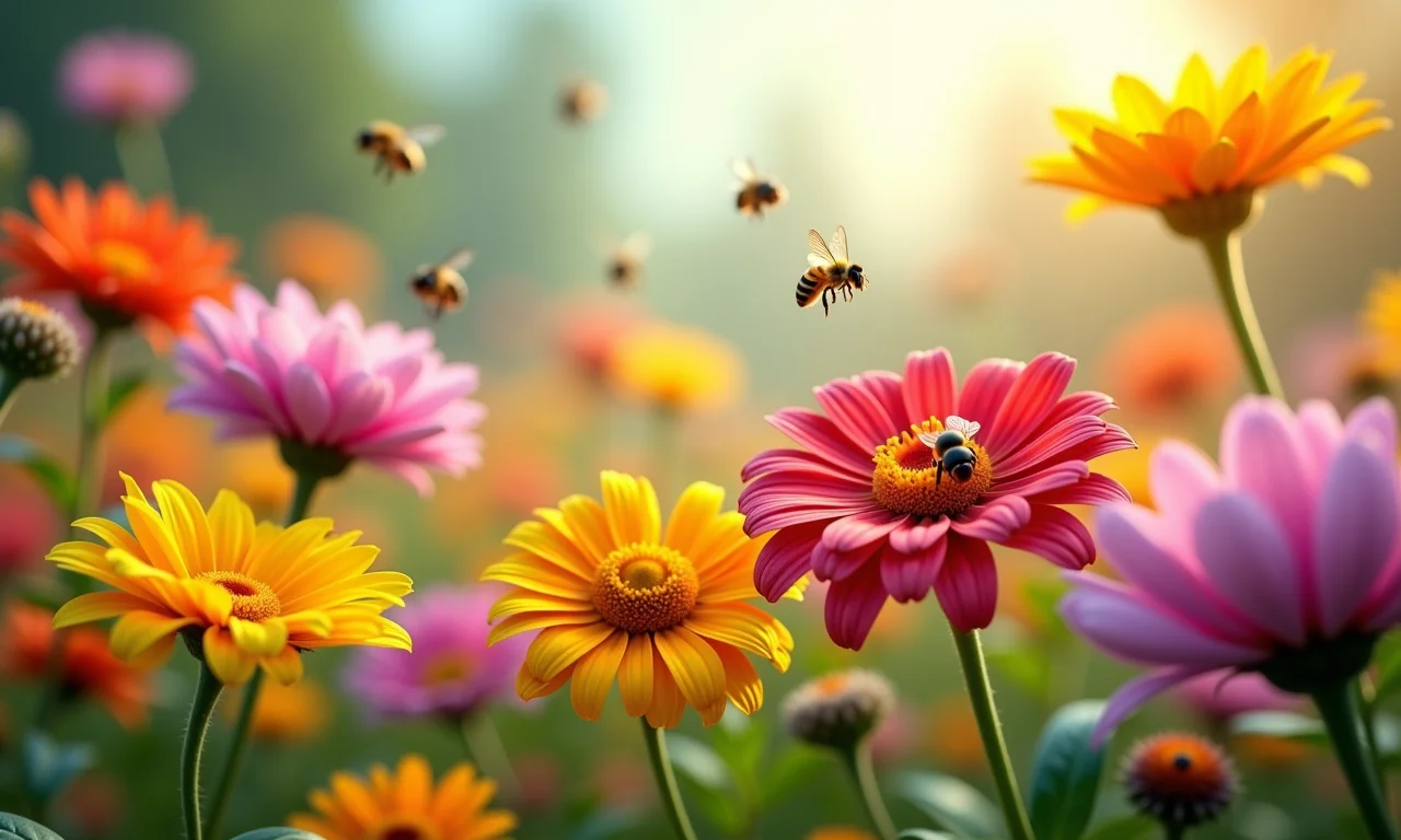 Jardim de primavera com cores vibrantes e abelhas polinizando.