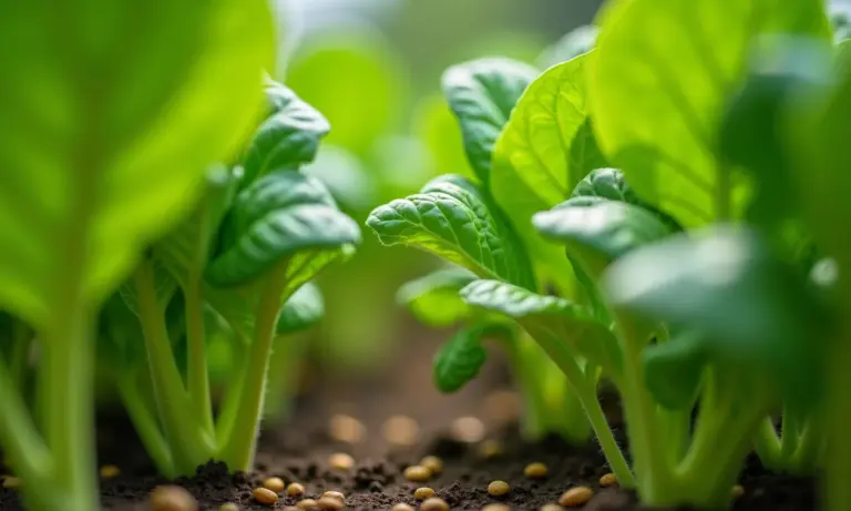 Jardim de vegetais exuberante com plantas em diferentes estágios de crescimento e adubo NPK.