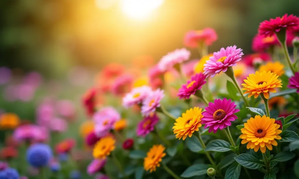Jardim exuberante com flores coloridas sob a luz do sol.