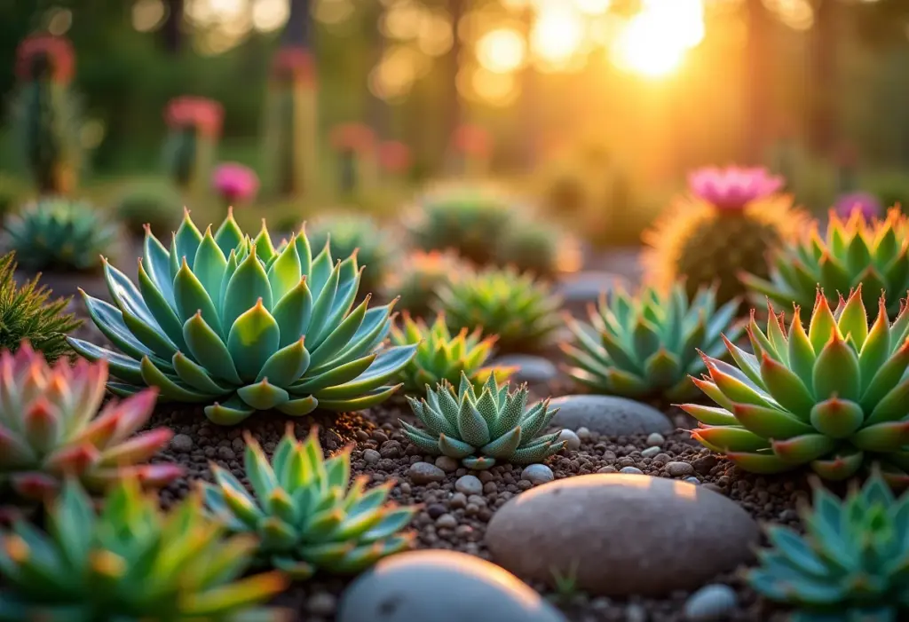 Jardim exuberante de suculentas diversas sob a luz dourada do sol.
