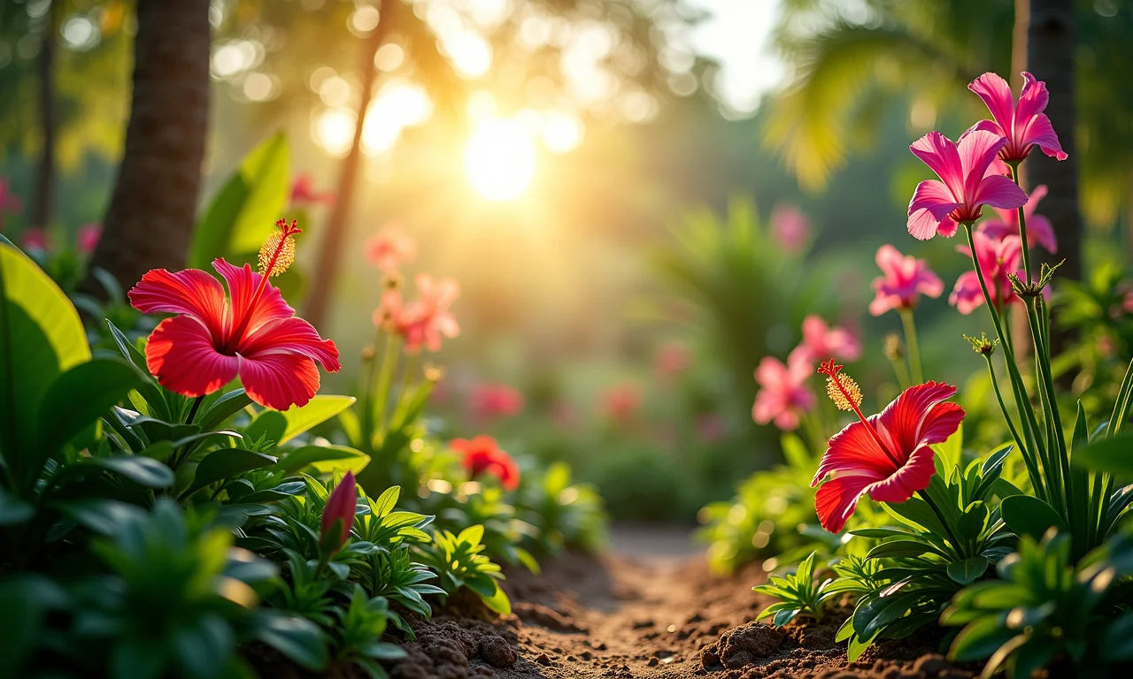 Jardim tropical de verão com hibiscos e orquídeas coloridas.