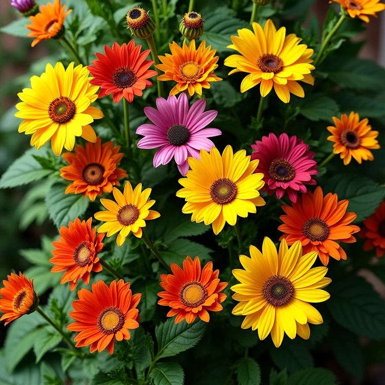 Jardim vertical com 10 tipos de flores que amam o sol, cores e texturas diversas.