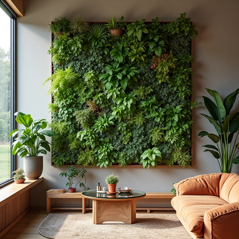 Jardim vertical como decoração charmosa e sustentável em sala de estar.