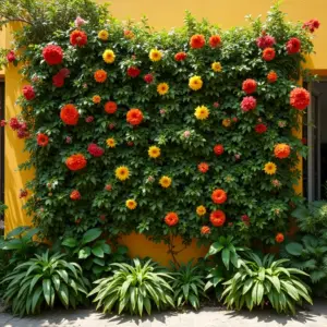Jardim vertical externo exuberante com flores vibrantes que amam o sol.