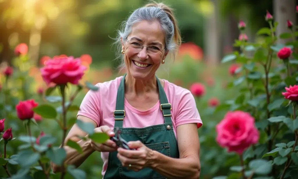 Jardineiro MEI cuidando de rosas em um jardim exuberante.