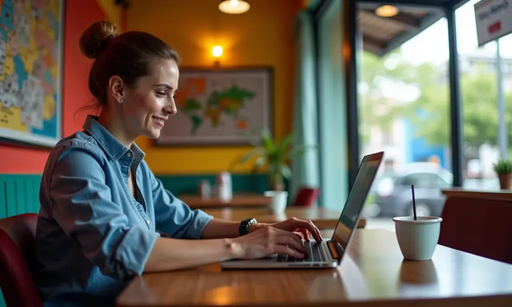 Jornalista freelancer trabalhando em um café colorido, registrando-se como MEI no laptop.