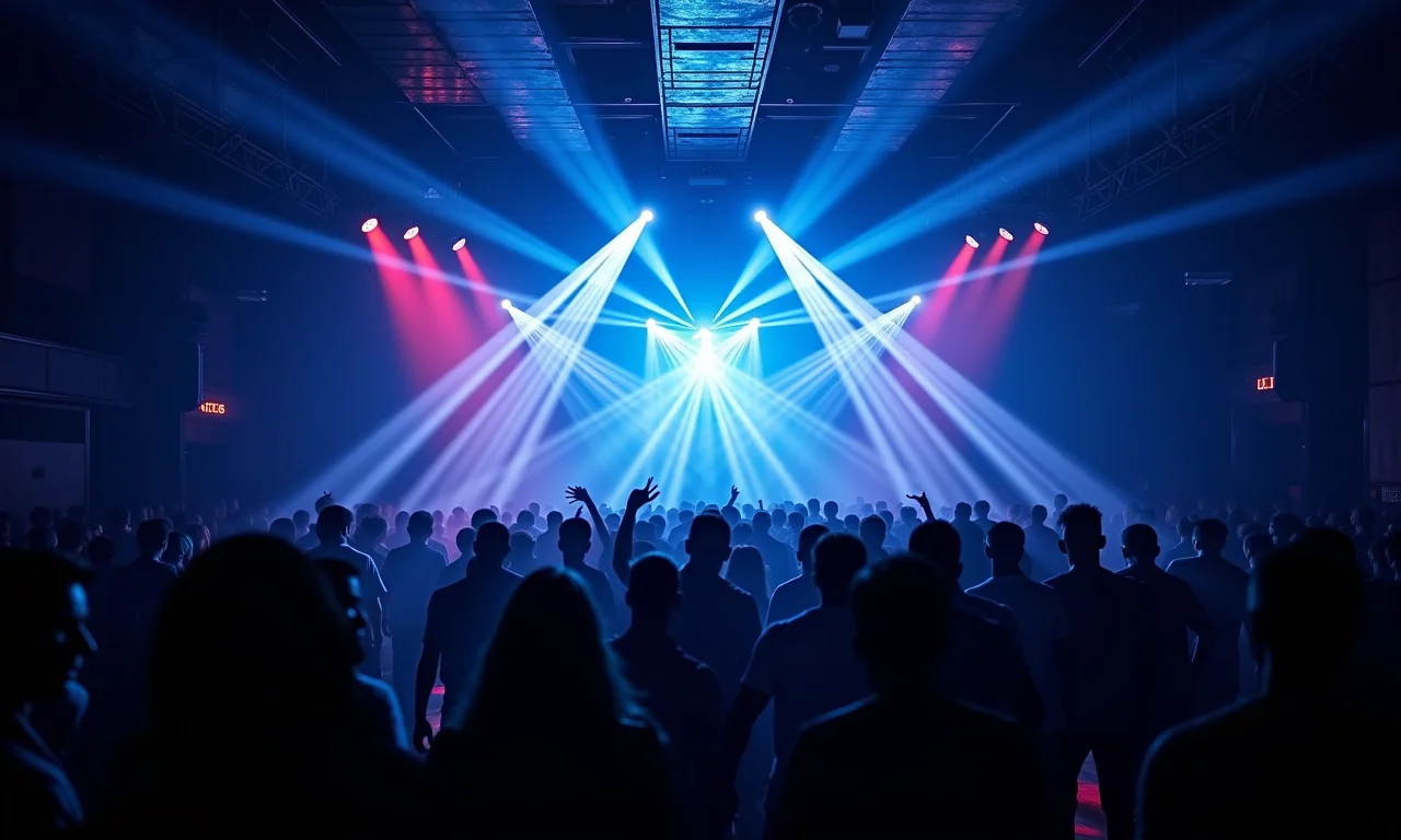 Lasers criando padrões geométricos em pista de boate.