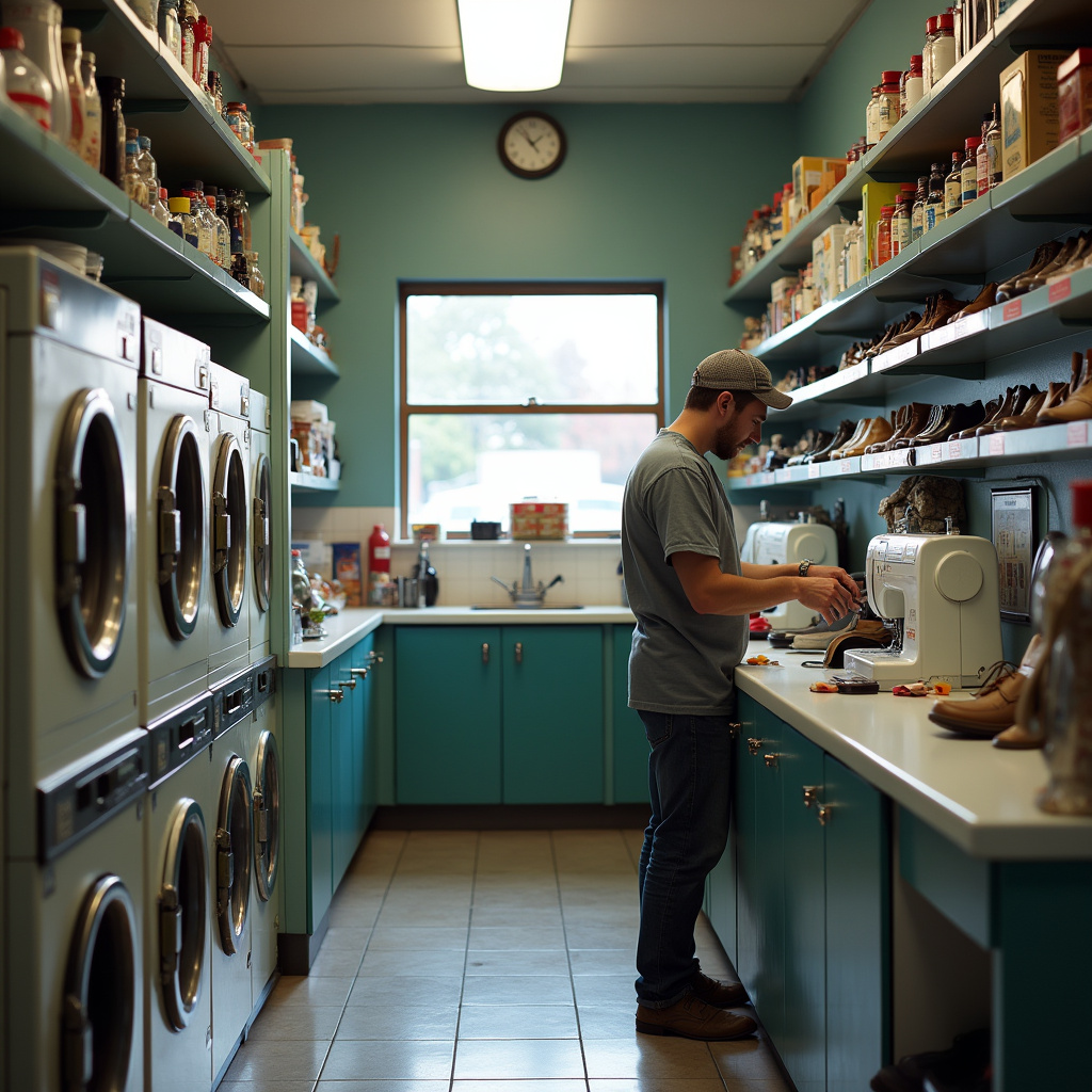 Laundromat offering sewing and shoe repair services, diverse services, helpful staff, lifestyle Lavanderia com serviços adicionais de costura e sapataria.