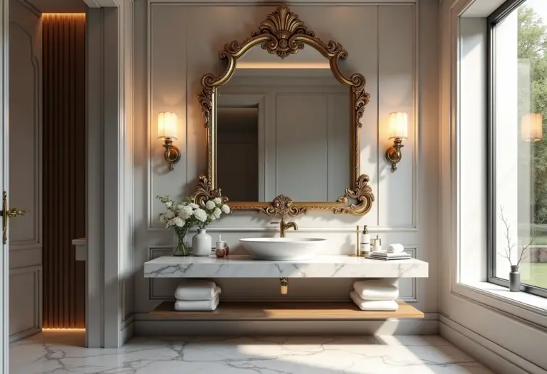 Lavabo elegante com espelho veneziano refletindo a luz suave