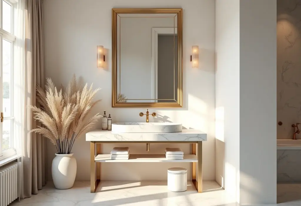 Espelho veneziano: o toque vintage que transforma a casa Lavabo luxuoso com espelho veneziano.