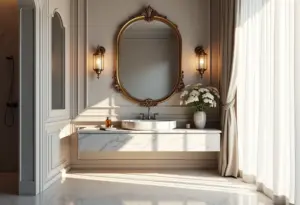 Lavabo luxuoso com espelho veneziano e luz natural