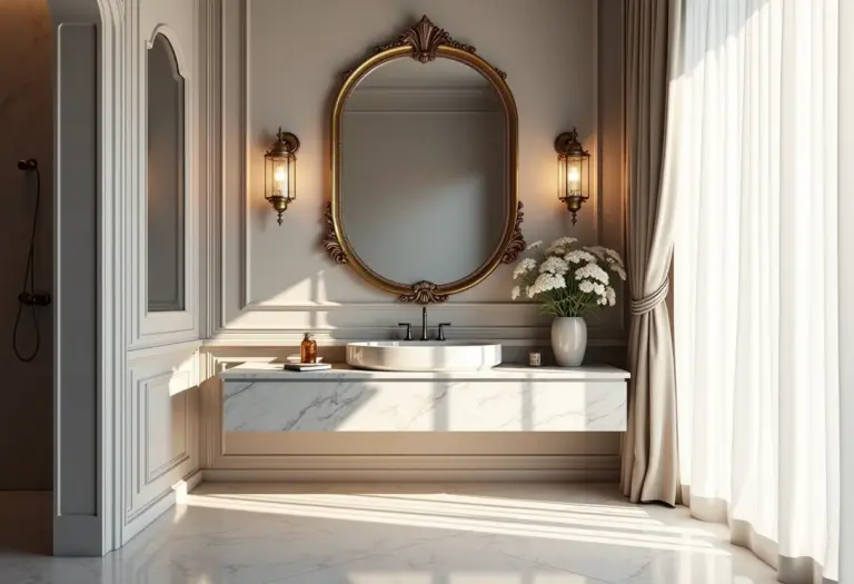 Lavabo luxuoso com espelho veneziano e luz natural