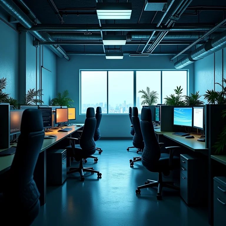 Layout de escritório mal planejado com desks apertados e cabos emaranhados.