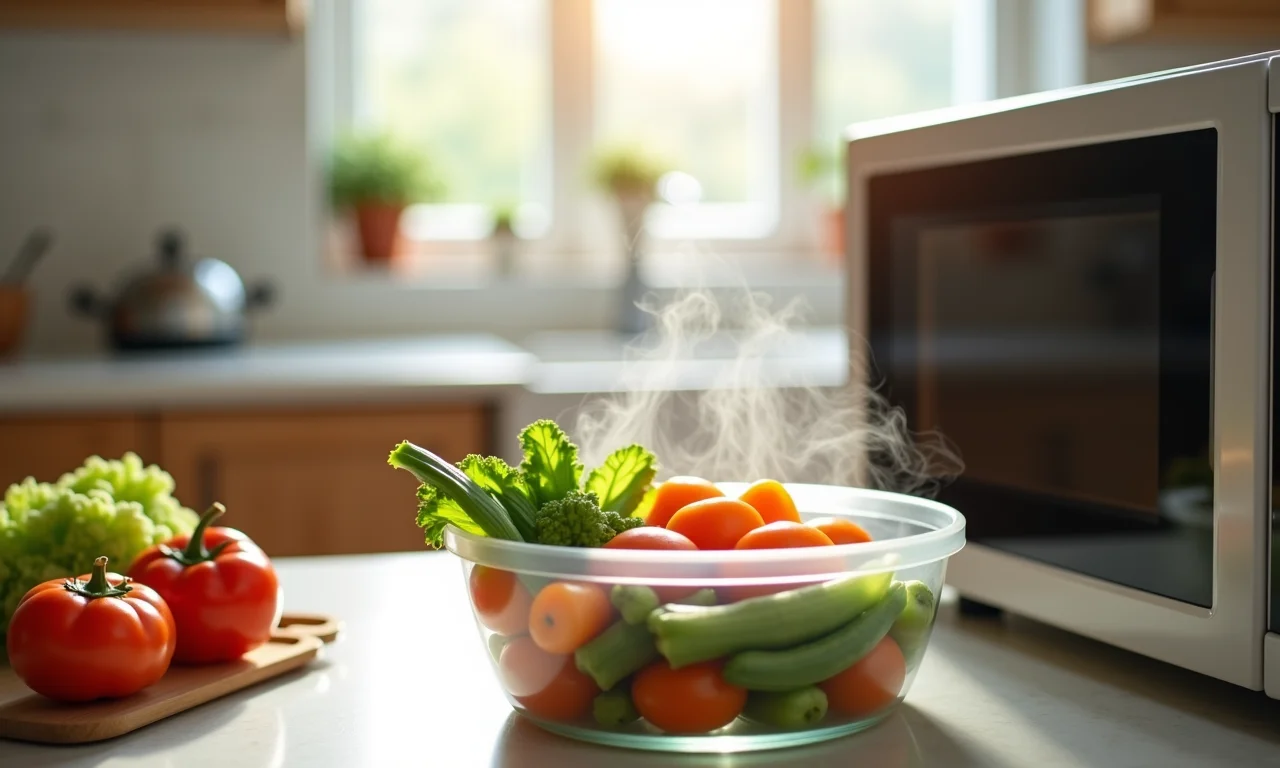 Legumes cozidos no vapor no micro-ondas, estilo de vida saudável.