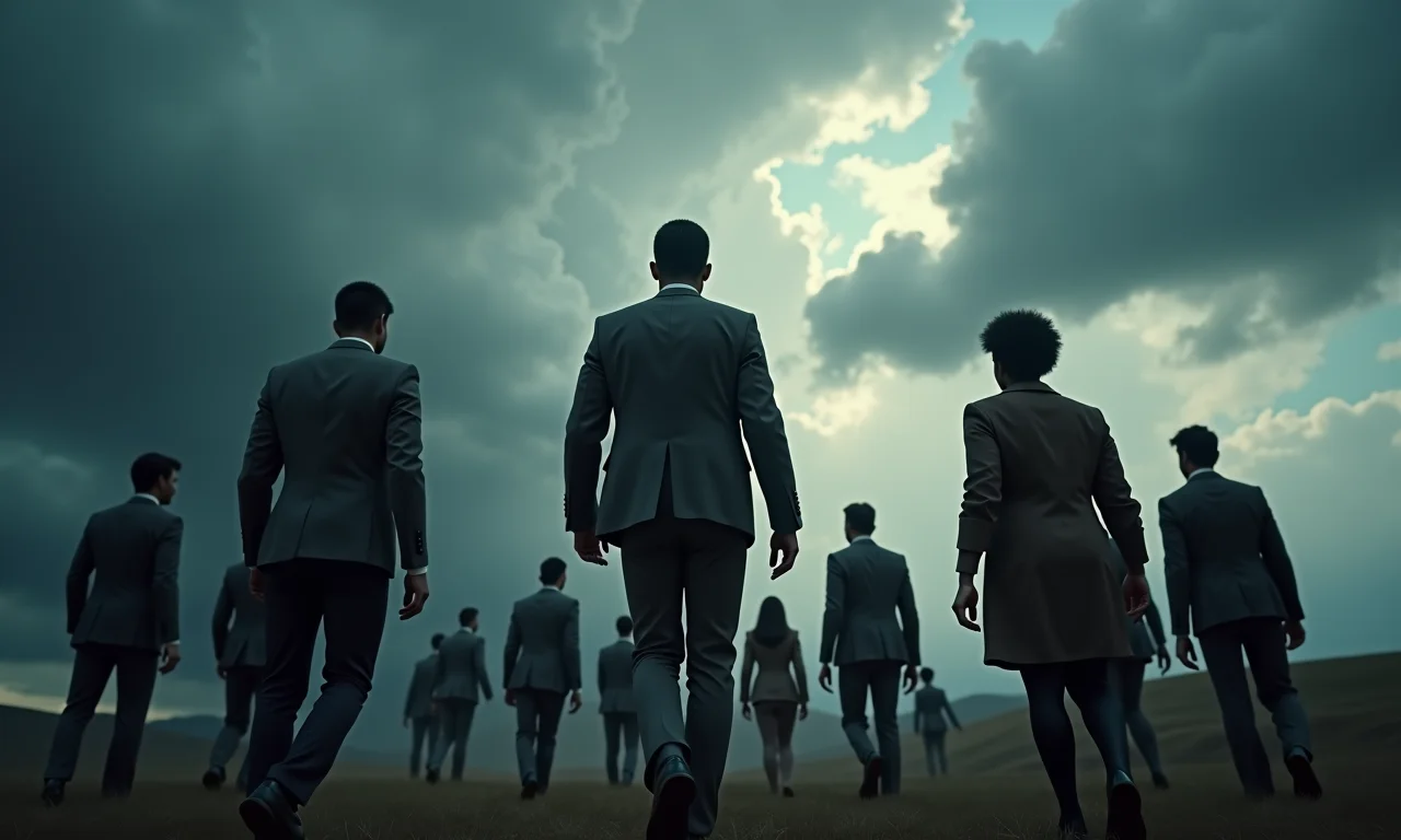 Líder forte guiando equipe através de tempestade, simbolizando liderança eficaz.
