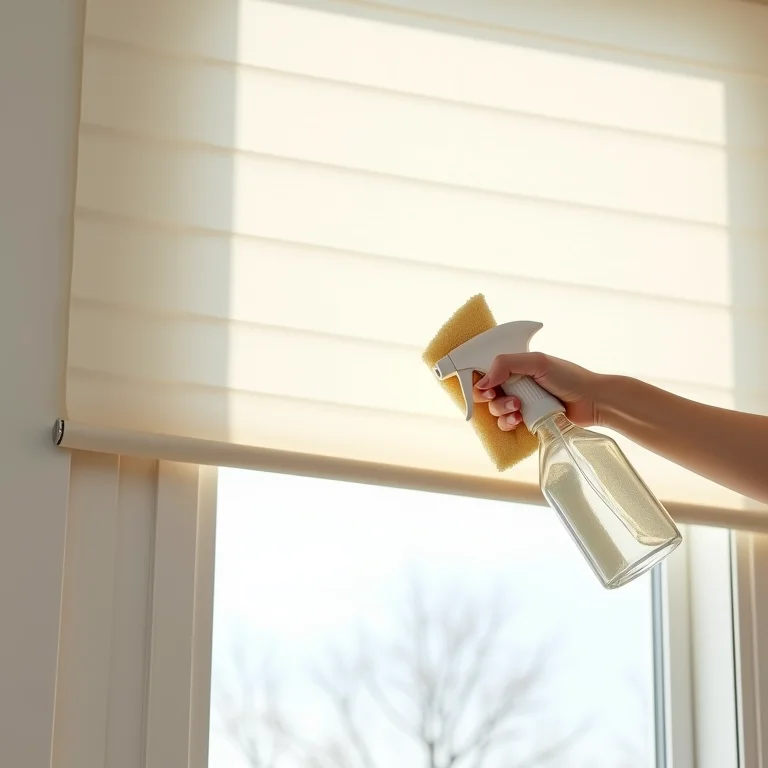 Limpando uma cortina rolô com um spray de limpeza e um pano macio.