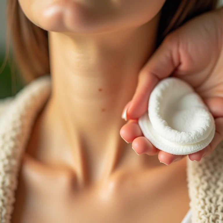 Limpeza suave da pele do pescoço com algodão