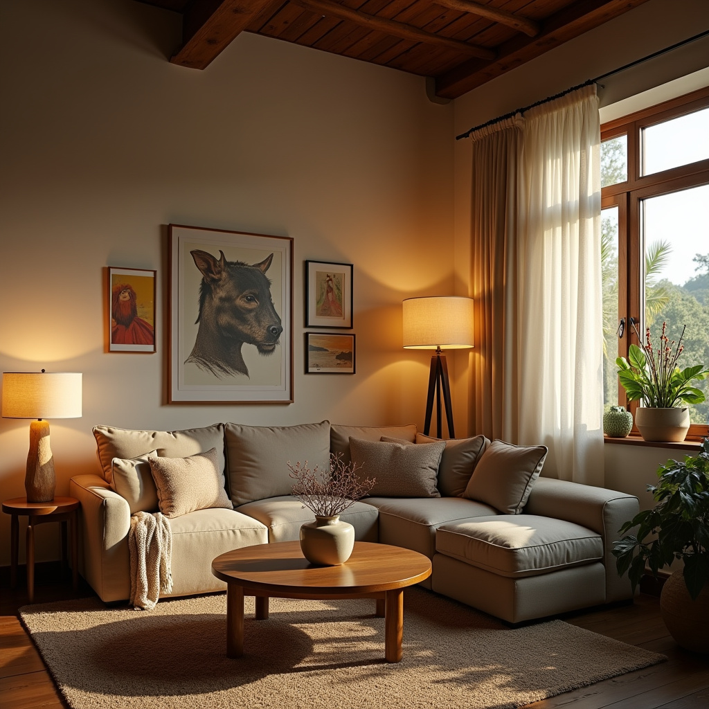Living room with layered lighting, lamps, natural light, Brazilian design, cozy atmosphere, Sala de estar com iluminação aconchegante e design brasileiro.