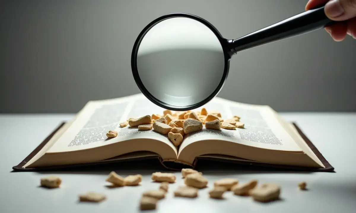 Livro aberto com textos fragmentados e lupa, representando o plágio.