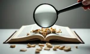 Plágio: O que é e Como Evitar Acusações em Seus Trabalhos Livro aberto com textos fragmentados e lupa, representando o plágio.