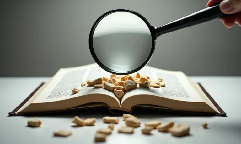 Livro aberto com textos fragmentados e lupa, representando o plágio.