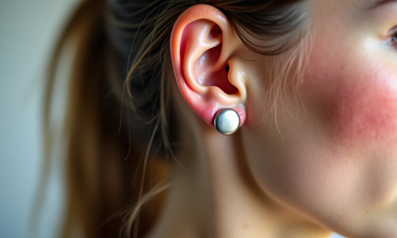 Lóbulo da orelha irritado devido a brinco de níquel, sinal de dermatite.