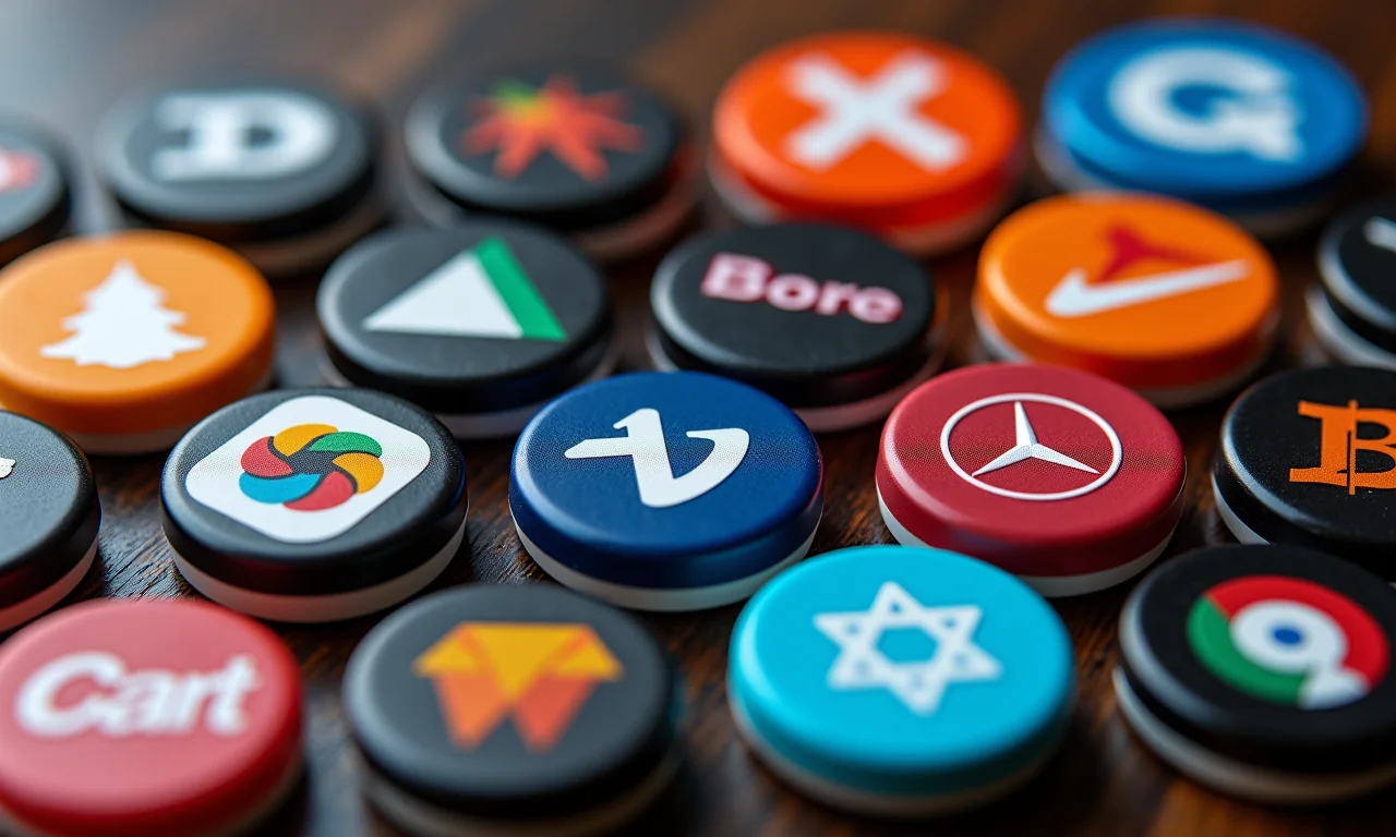 Logotipos de diferentes marcas exibidos em produtos variados.