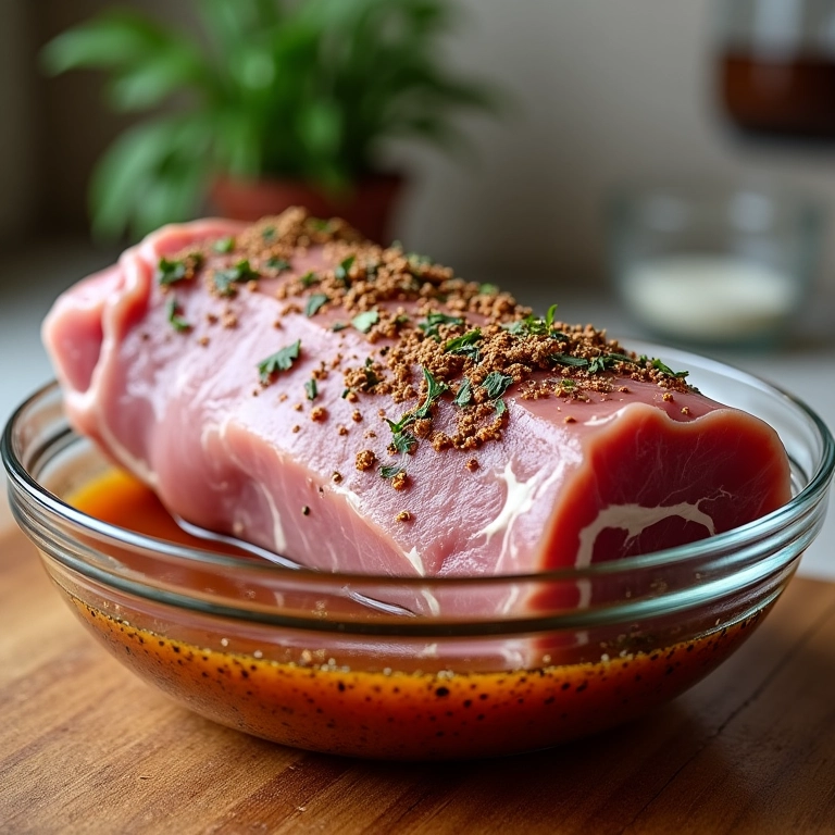 Lombo de porco marinando em uma tigela de vidro com ervas e especiarias frescas.