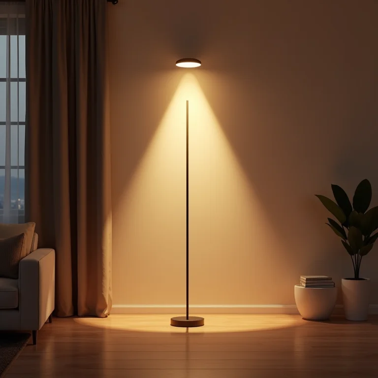 Luminária de piso com foco no teto em sala de estar moderna