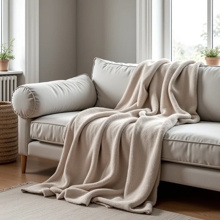 Manta de lã texturizada em um sofá em um interior escandinavo.